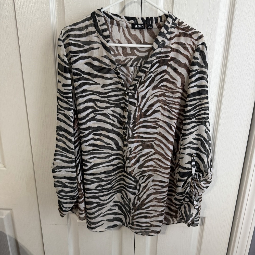 ANA A New Approach Zebra Print Chiffon Long Sleeve Blouse Women's Size 1X Office